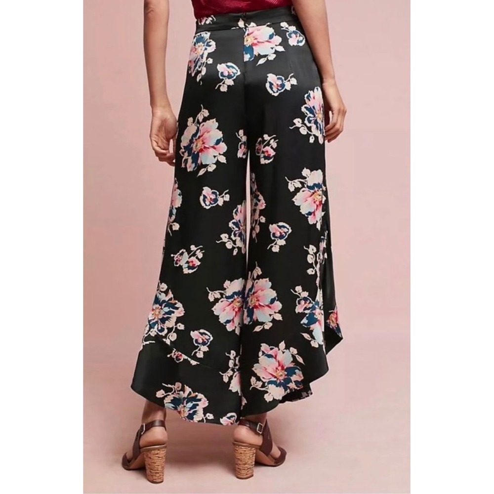 Elevenses Anthropologie Black Floral Satin Wide Leg Ruffle Hem Pants Size 2